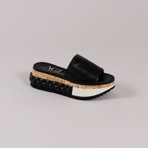 Agl Black Leather Cork-Trim Braided Platform Slide